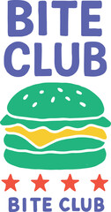 Vector “Bite Club” burger illustration with green bun in bold doodle style