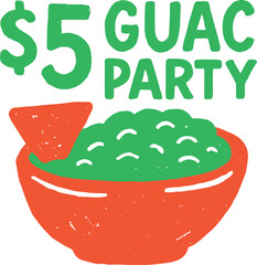 Vector hand‑drawn “$5 Guac Party” guacamole bowl illustration with tortilla chip in playful doodle style