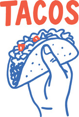 Fototapeta premium Vector hand‑drawn “Tacos” illustration with hand holding taco in bold doodle style