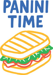 Vector hand‑drawn “Panini Time” illustration with grilled panini sandwich in bold doodle style