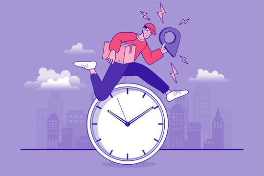 An express courier runs on a giant clock, symbolizing a fast and on-time delivery service. The delivery man holds a package and a GPS pin, illustrating a race against time for urgent shipping. - Powered by Adobe