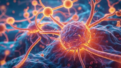 Starting simulation displaying glowing spherical particle in blue matrix, with filament network - Powered by Adobe