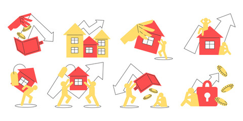 Set of Simple Flat Style Illustrations Depicting Housing Crisis Rising Prices and Unaffordable Homes