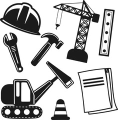 Obraz premium Construction site black and white icons vector illustration equipment tools
