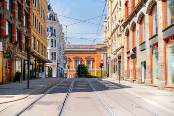 Obraz premium Beautiful colorful buildings in the center of Oslo, Norway. Street in the Scandinavian city.