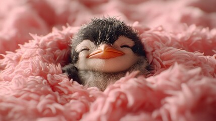 Cute baby penguin nestled in soft pink blanket (1)