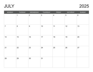 July calendar 2025 start on monday