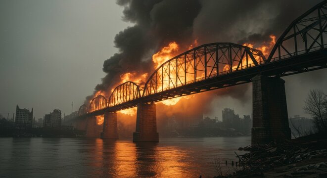 Dramatic view of a bridge engulfed in flames with smoke and city skyline