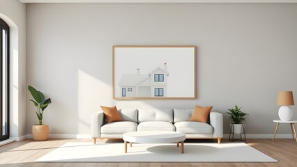 Frame mockup, ISO A paper size. Living room wall poster mockup. Interior mockup with house background. Modern interior design. 3D render