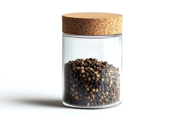 Glass jar with cork lid filled with black and white peppercorns a spice culinary ingredient kitchen storage
