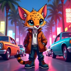 Ocelot Gangster in Poncho and Leather Amid Neon Vice Streets