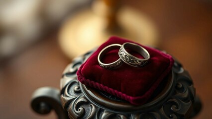 Elegant silver rings featuring engraved patterns rest on a velvet cushion atop an ornate pedestal.

