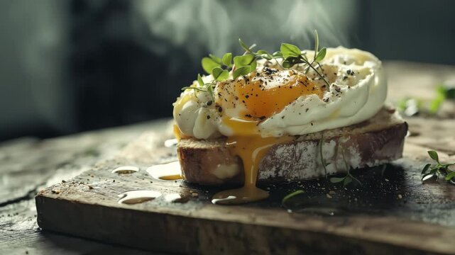 Classic egg Benedict, rustic style background