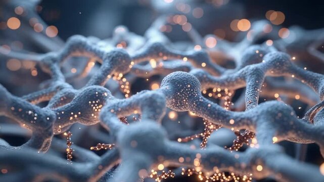 Opening camera refocusing on porous mesh showing adjacent nodes in CGI network, with glowing orbs