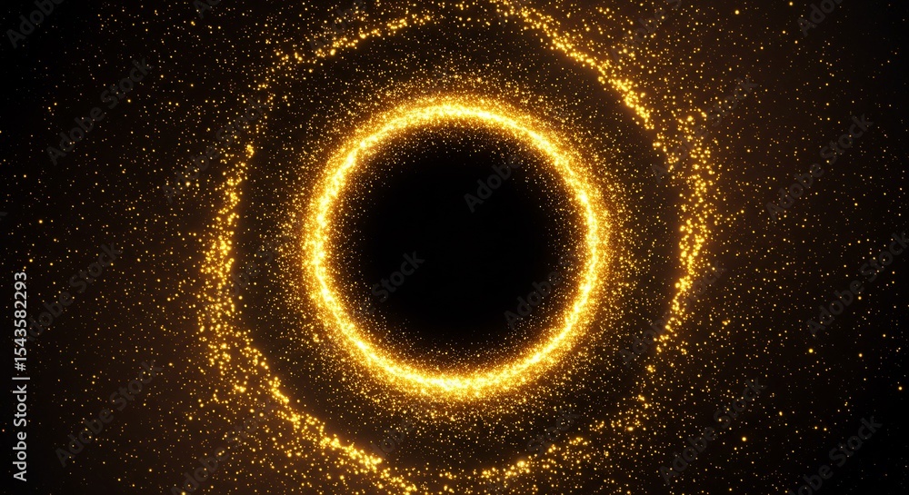 Poster glowing golden particles swirl around a dark void creating a cosmic vortex effect