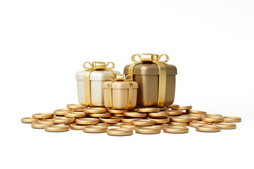 Gold gift box on a pile of gold coins on white background. 3D object. Birthday Gift Giving, Giving Money as Gift Vouchers, Finance and Investment. isolated with clipping path. 3D Illustration.