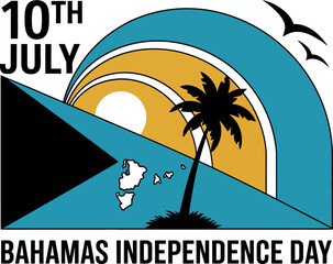 Bahamas independence day design with palm tree and waving flag shape in black and turquoise logo style  