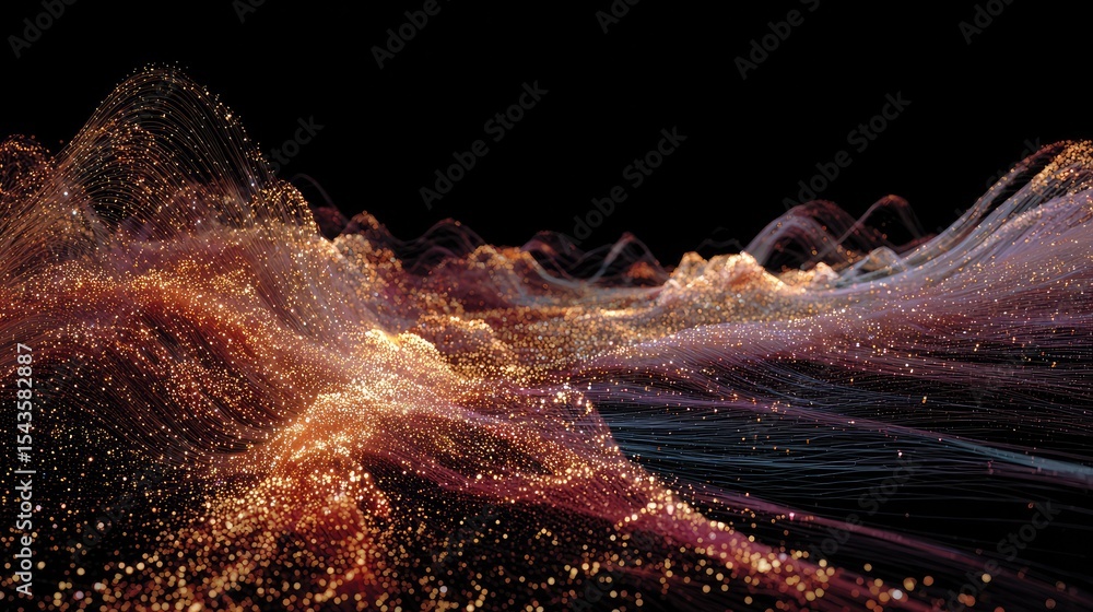 Poster abstract digital art of glowing waves with vibrant colors and particles, creating an ethereal landsc