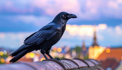 Intense Black Crow Perched: Detailed view of a black crow perched on a wall with city rooftops and colorful sky in background. Mysterious mood.