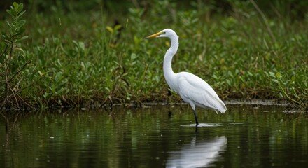 Elegant great egret standing in tranquil water reflecting its serene presence