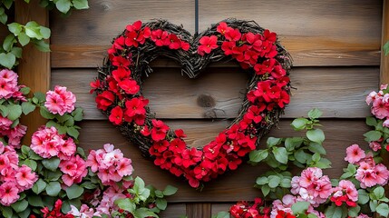Heart-shaped wreath made of dark branches and red flowers hangs centered on a rustic wooden shiplap.