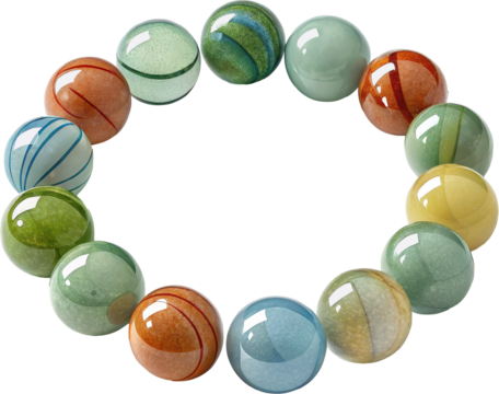 Colorful glass marbles arranged in a circular pattern