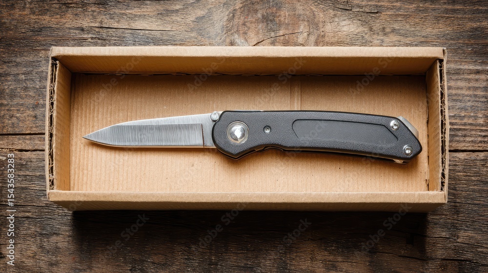 Poster sleek black folding knife in a simple cardboard box on a rustic wooden surface with natural texture 