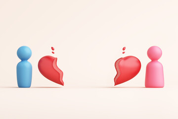 3D broken or cracked red heart with male and female icon. Relationship problems of couples or family. Divorce, broken heart, sadness and Violence. object clipping path. Copy space. 3D Illustration.
