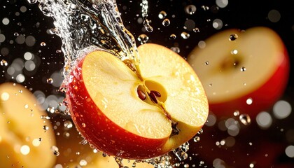 Apple Slice Splash: Crisp apple half, revealing its juicy flesh, getting refreshing burst of water, capturing essence of refreshment and natural beauty.