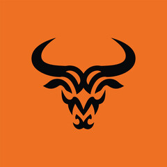 Striking minimalist bull head logo on bold orange background. Symmetrical, modern black line design shows strength and style—perfect for branding, sports, or business identity.