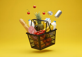 A Shopping Basket Full of Groceries on a Vibrant Yellow Background