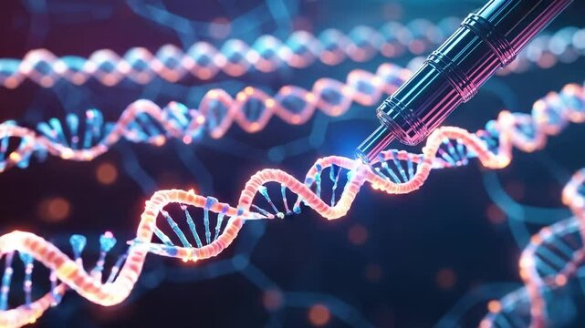 Penlike tool entering frame and editing rotating DNA double helix in lab with glowing nucleotides