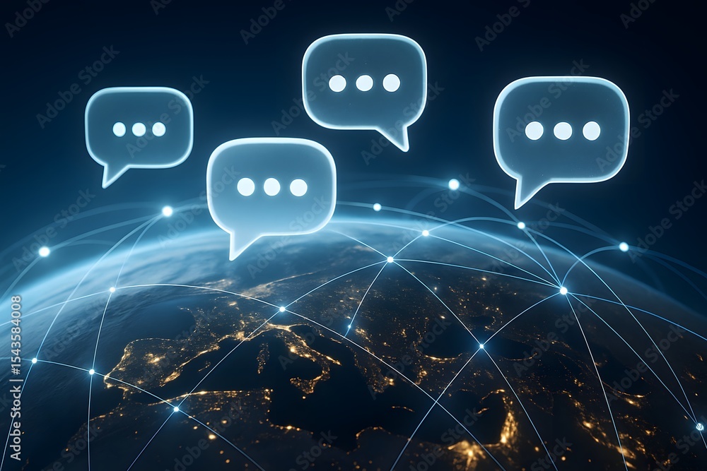 Poster floating chat bubbles hover above a networked view of earth at night. concept of global communicatio