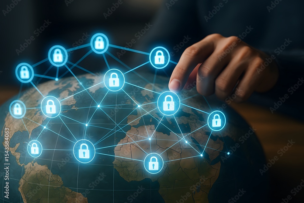 Aufkleber a person’s hand interacts with security locks on an illuminated planetary network. concept of encryp