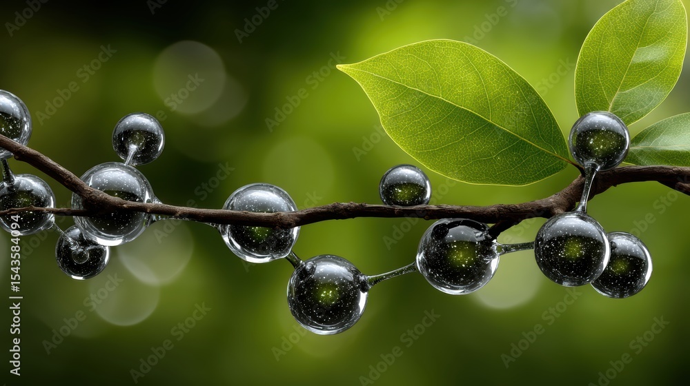 Poster mesmerizing macro, water droplets cling to tree branch after a refreshing rain closeup