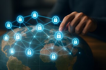 A person’s hand interacts with security locks on an illuminated planetary network. Concept of encrypted connectivity.