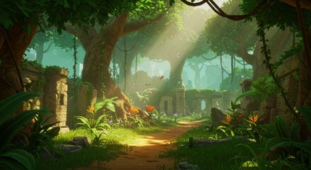 Enchanting jungle ruins with sunlit path and ancient stone structures scenery