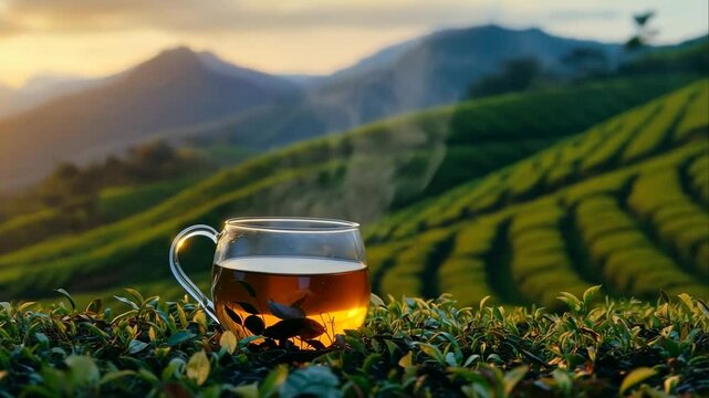 Black tea in glass cup, tea plantation with copy space, slow motion