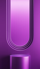 Metal chrome purple or violet modern luxury curved and circle pedestal arch studio backdrop. Glossy, reflection product display stand. Platform podium ad fashion cosmetic skincare. 3D Illustration.