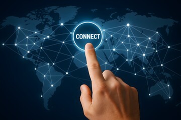 A human fingertip taps a glowing “connect” button over a digital world map. Concept of instant global linkage.