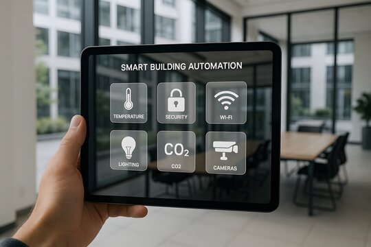 A hand holds a tablet showing smart building controls for temperature, lighting, and security. Concept of intelligent facility management.