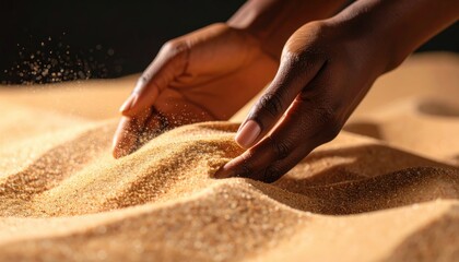Ephemeral Embrace: Human hands tenderly cradle and sift grains of sand, capturing the tactile texture and delicate beauty of nature's elements, evoking a sense of calm and transience.