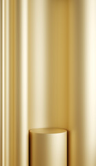 Golden modern luxury flowing curved or wave backdrop with circle pedestal studio backdrop. Glossy, reflection product display stand. Platform podium ad fashion cosmetics skincare. 3D Illustration.