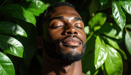 Serene Man in Nature's Embrace: A portrait of a man with closed eyes, basking in the dappled sunlight amidst lush green foliage, embodies tranquility and the rejuvenating power of nature.