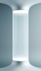 Futuristic metal silver background. technology science experiment laboratory mysterious empty test tube large glass cryogenic hibernation capsule glowing white. podium display sci fi. 3D Illustration.