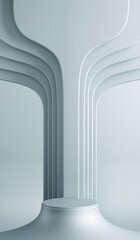 futuristic metal silver modern luxury flowing curved with circle pedestal studio backdrop. Glossy, reflection product display stand. Platform podium ad fashion cosmetics skincare. 3D Illustration.