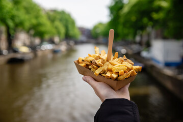 A hand holding a serving of traditional Dutch or Belgian-style fries in a cardboard tray, with an...