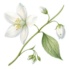 Fototapeta premium Elegant Jasmine Branch Watercolor Painting Delicate White Flowers Green Leaves Botanical Illustration Floral Art Nature Beauty