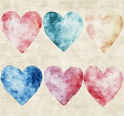 Fototapeta premium Watercolor hearts pastel shades hand painted texture soft romantic palette on linen background gentle and seamless design for couples