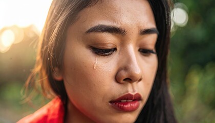 Tears of Solitude: A close-up portrait of a woman's face, her eyes reflecting an unspoken sorrow as a single tear rolls down her cheek, bathed in soft light. 